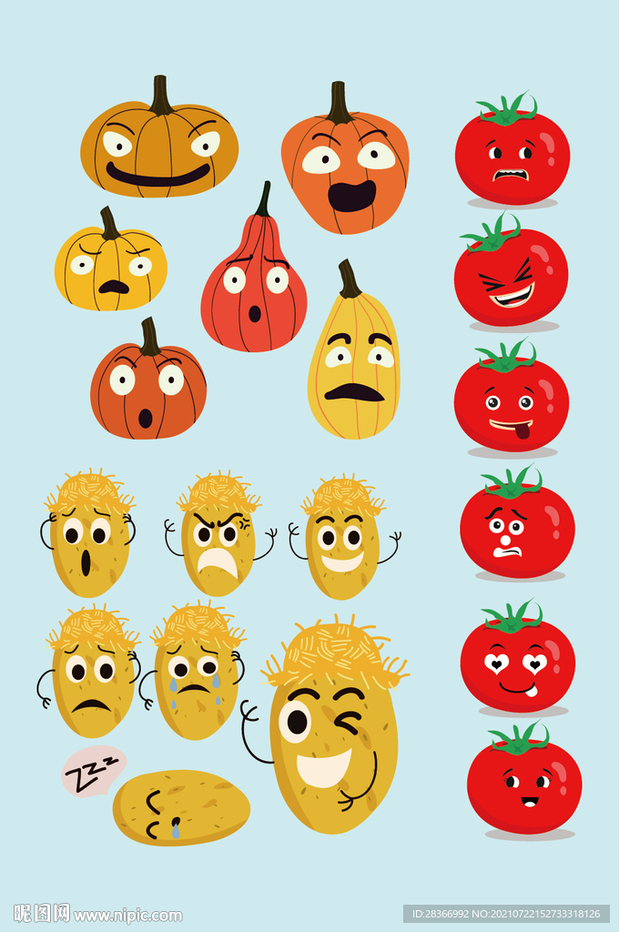 矢量卡通蔬菜南瓜西红柿玉米表情