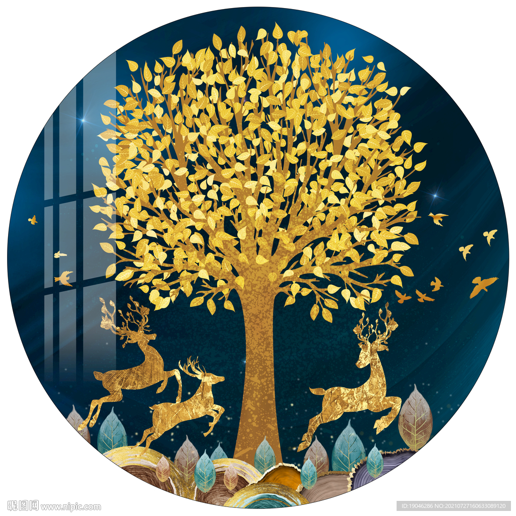 抽象麋鹿发财树金色圆形装饰画