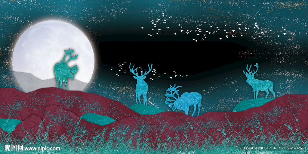 晶瓷画 夜晚森林风 麋鹿