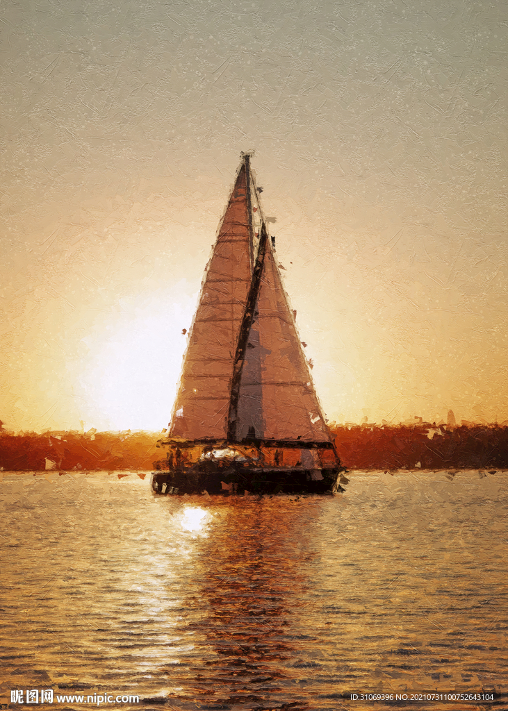 数字油画装饰画素材夕阳海上帆船