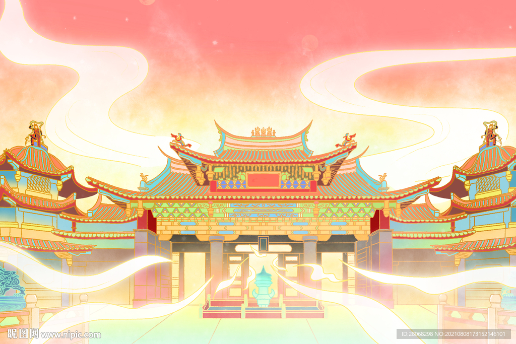國潮插畫裝飾云朵古代建筑背景
