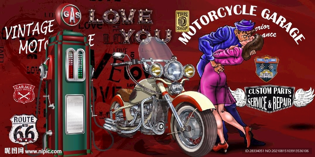 欧美风摩托车情侣餐饮酒吧背景墙