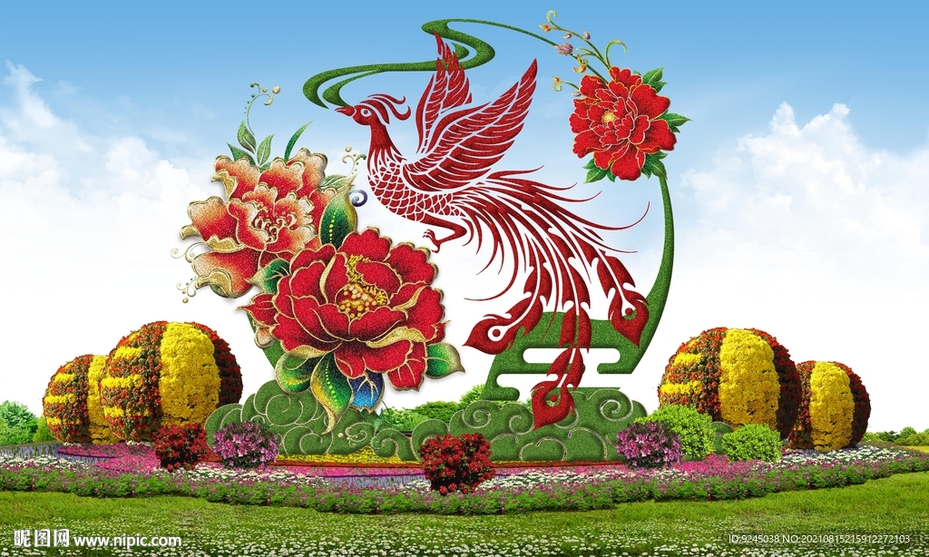 春節花壇國慶鳳凰綠雕花壇設計