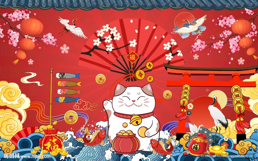 手绘日本料理招财猫背景墙图片
