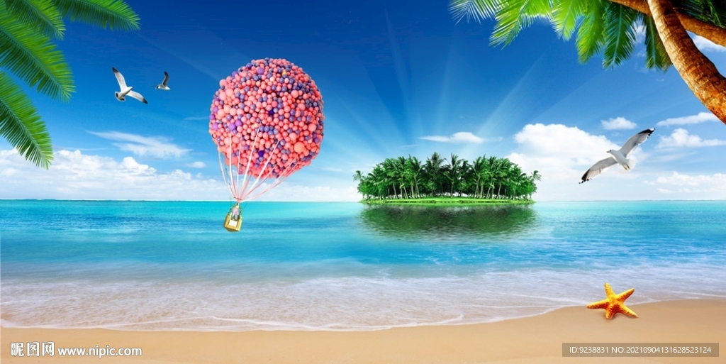 蓝天白云海岛热气球