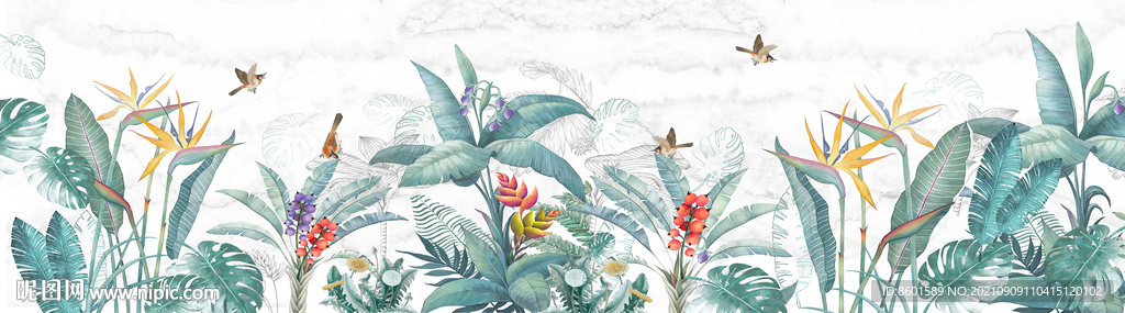 北欧手绘热带植物花鸟芭蕉叶墙纸