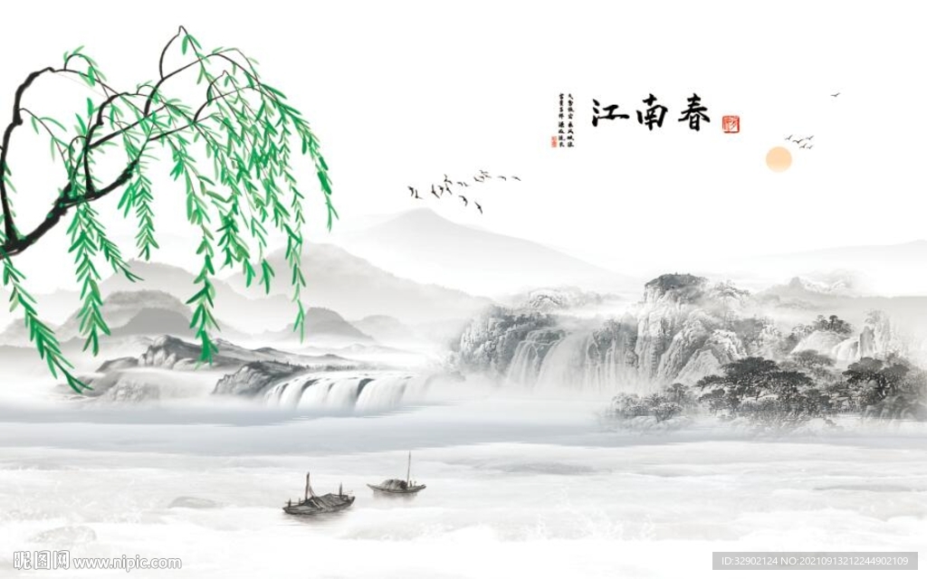 中式山水江南春背景墙