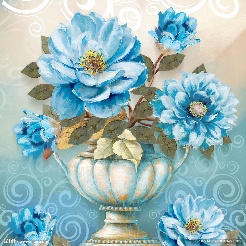 晶瓷画 蓝色花朵 花瓶