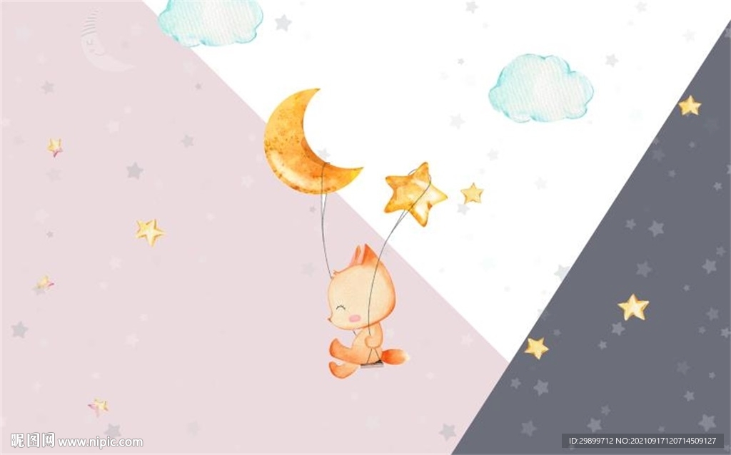 几何图形卡通月亮星星小狐狸背景