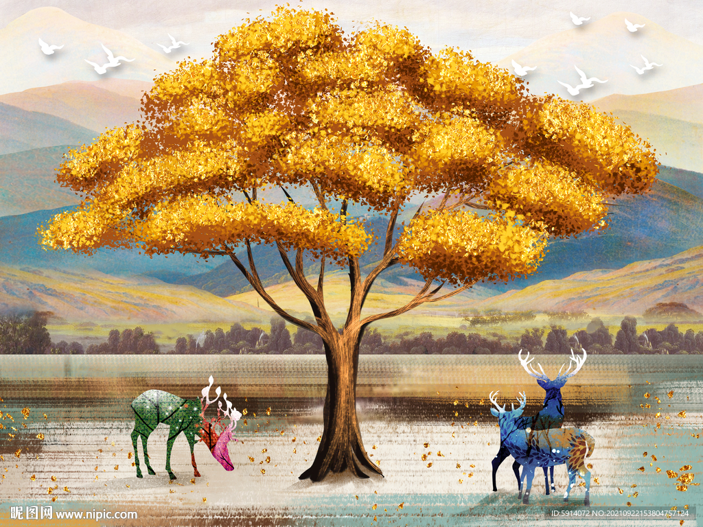 晶瓷画 麋鹿 金色树
