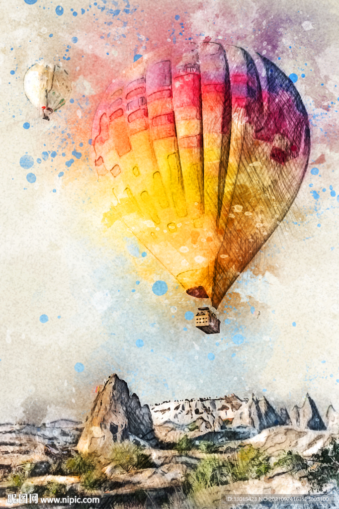 热气球手绘风景装饰画素材