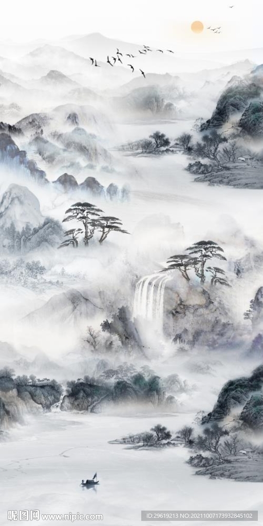 新中式山水大理石復(fù)式樓玄關(guān)壁畫