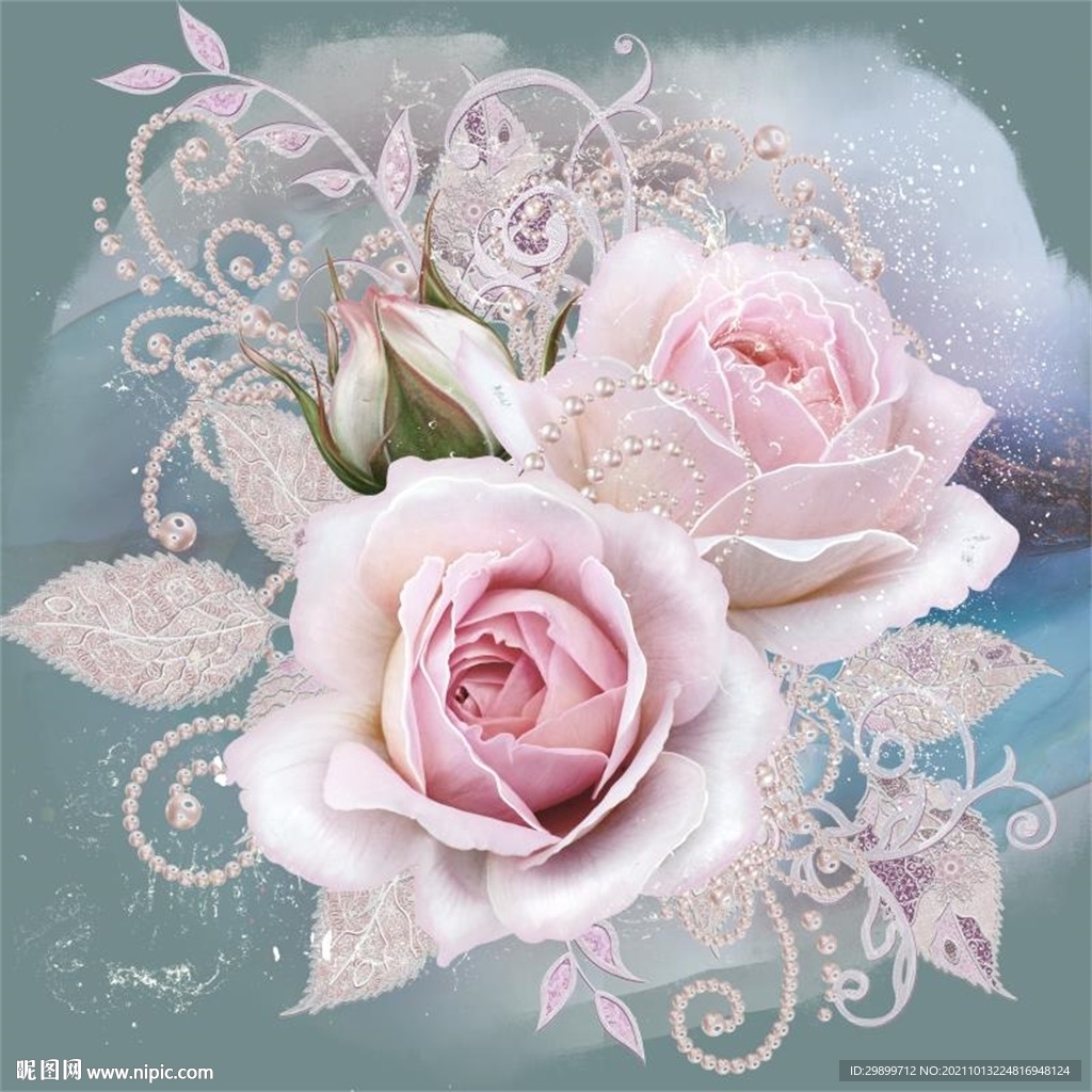 粉色花朵花卉珍珠水彩装饰画