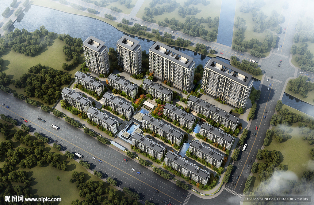 新中式住宅小区鸟瞰效果图