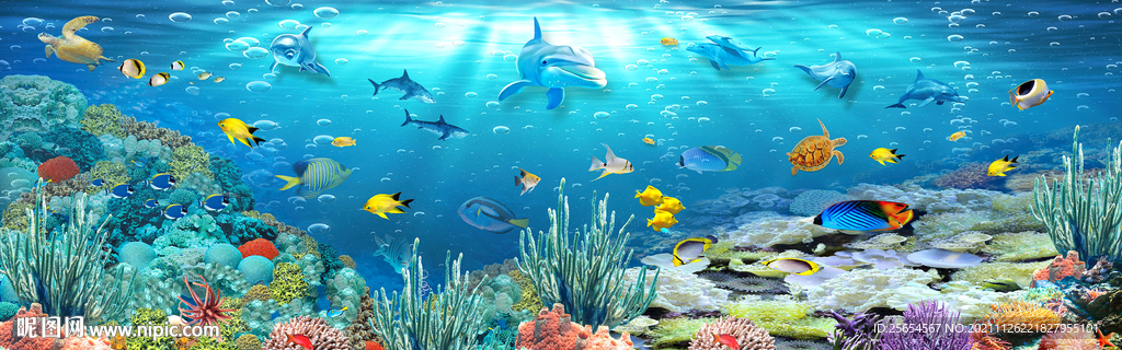 海底世界梦幻唯美全景主题壁画