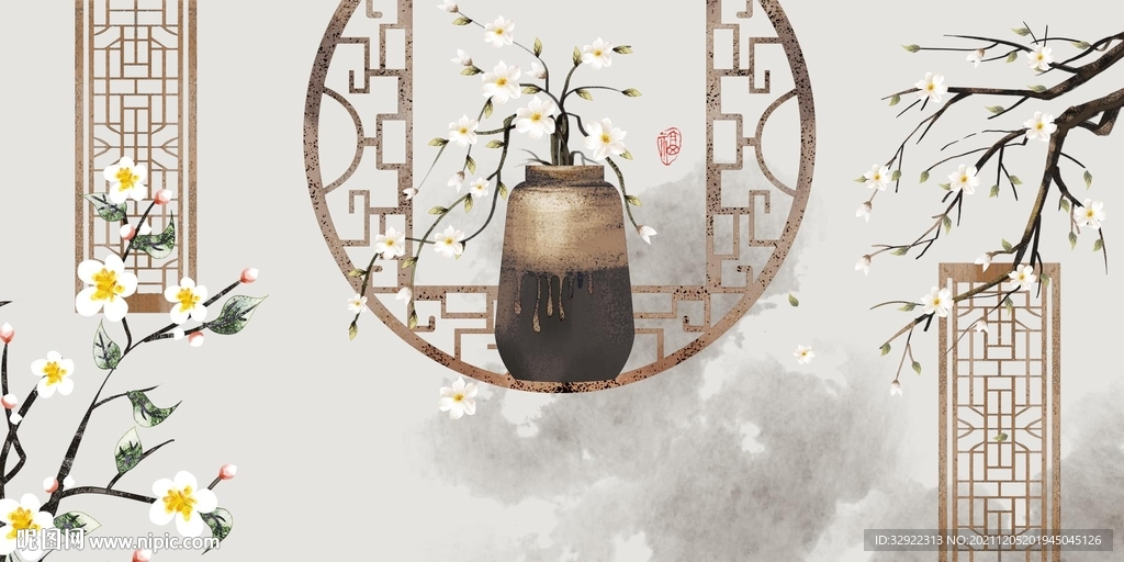 中式花瓶花鸟装饰画