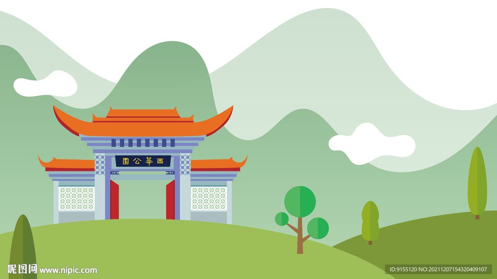 中式牌坊門森林場景 