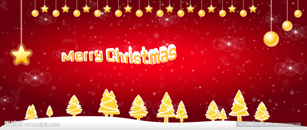 圣诞快乐下雪五角星圆球树红背景