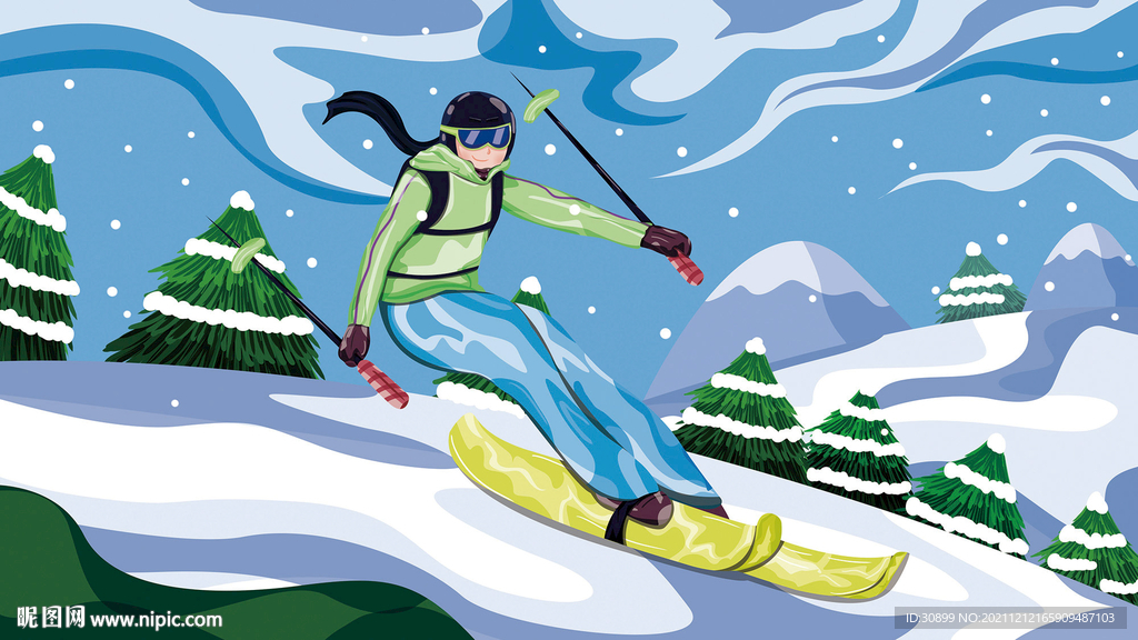 卡通手绘冬天户外滑雪游玩插画