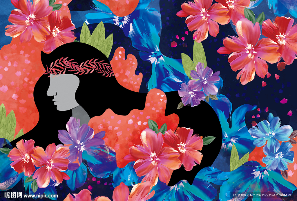 花中女孩手繪插畫