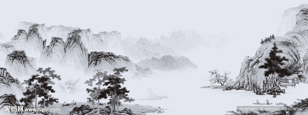 山水 水墨花