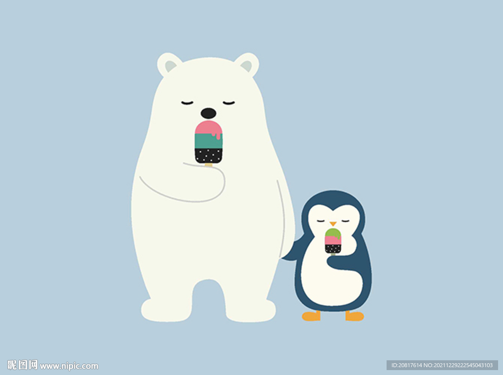 吃冰棍的北极熊和企鹅