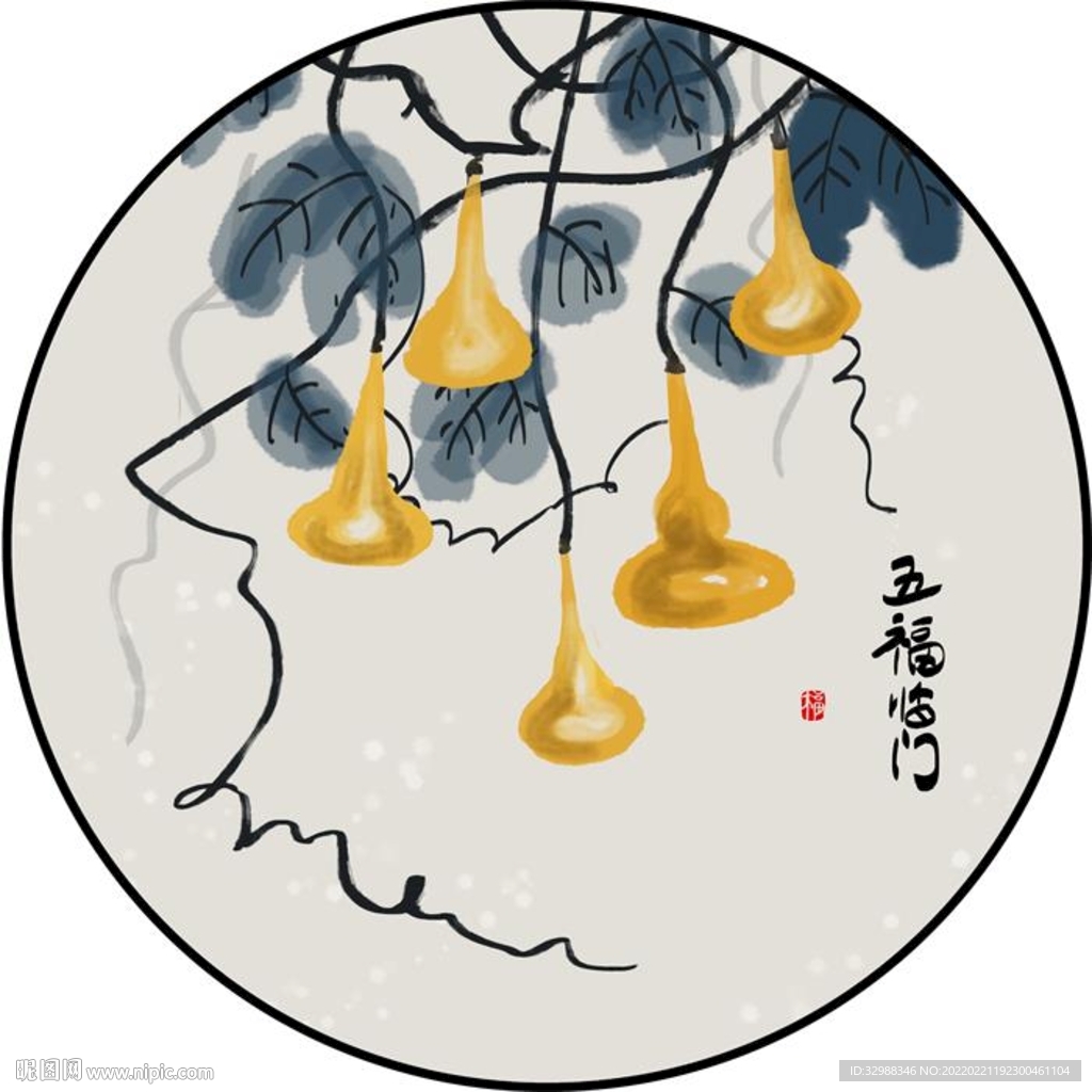 五福临门葫芦圆形装饰画图片