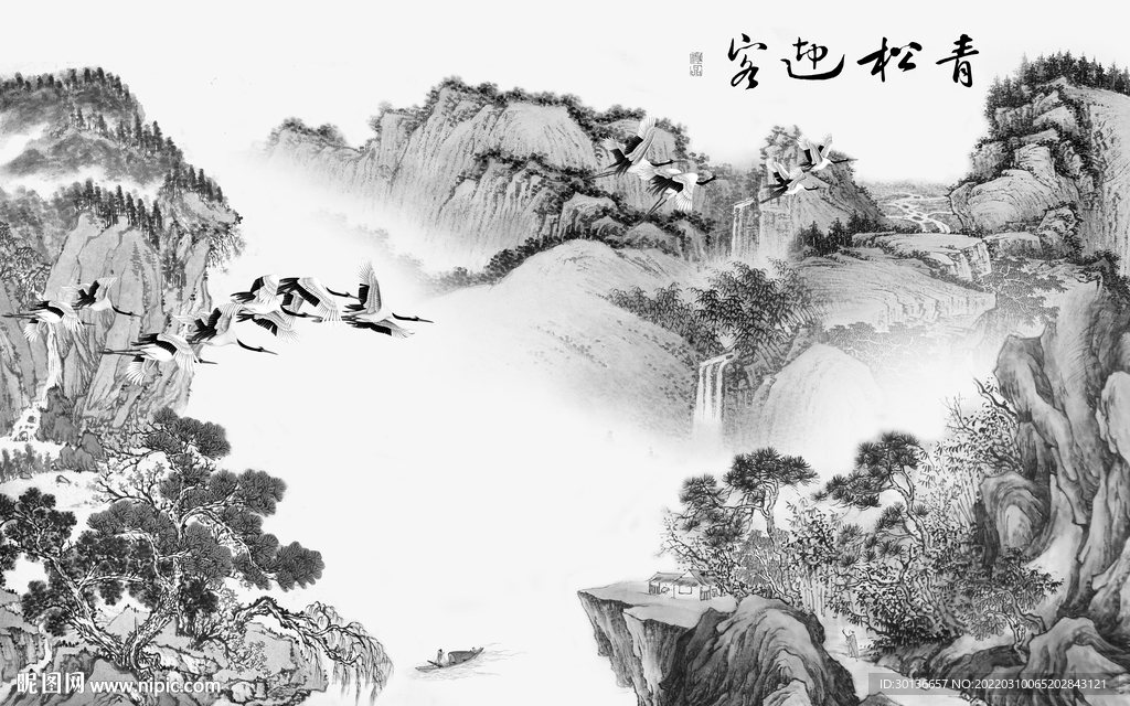 国画意境灰色山水tif分层图片