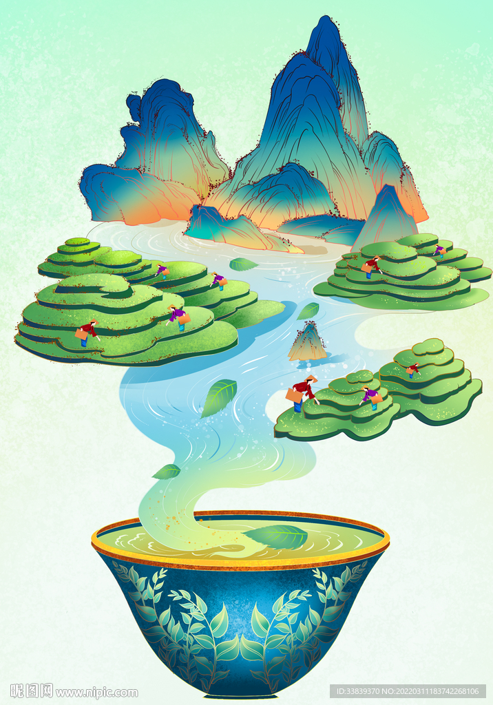 工筆國潮茶葉背景