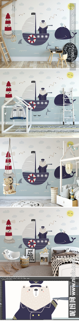 北欧手绘小熊航海儿童房背景墙