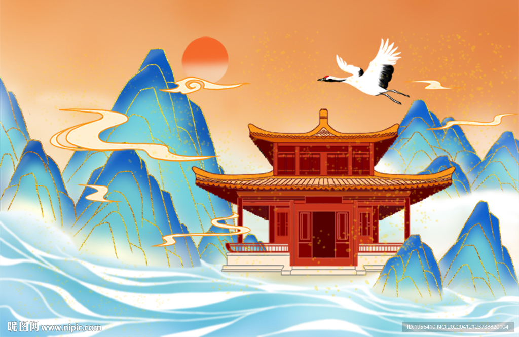 國(guó)潮插畫(huà)山水古建筑