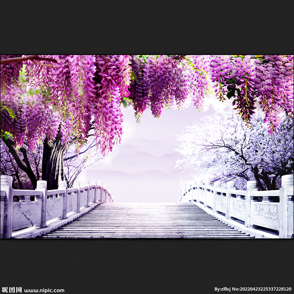 现代时尚浪漫紫藤花树石板桥壁画
