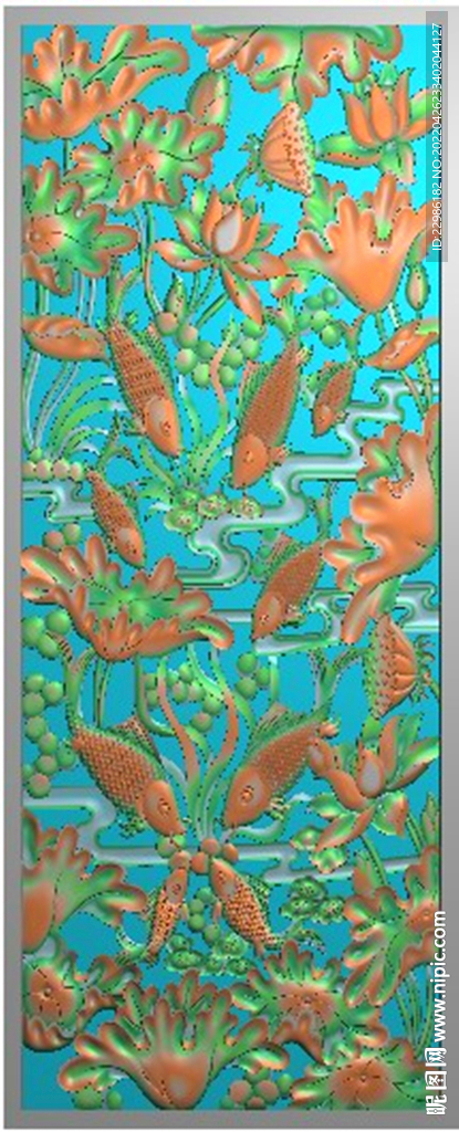 九魚圖荷花連年有魚精雕浮雕圖