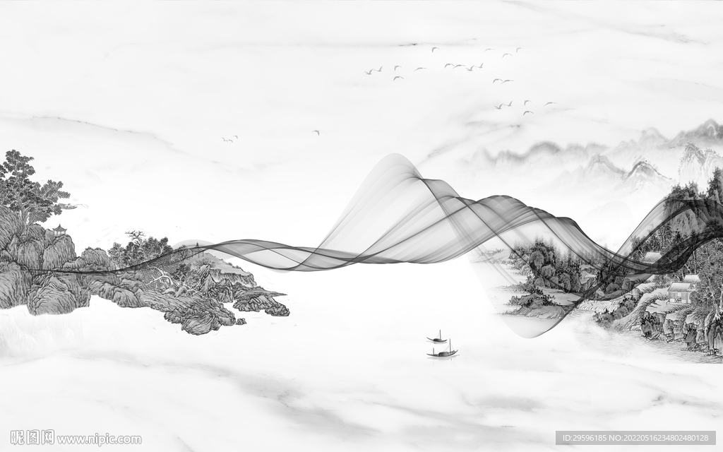 中国风灰色山水框画 TIF分层
