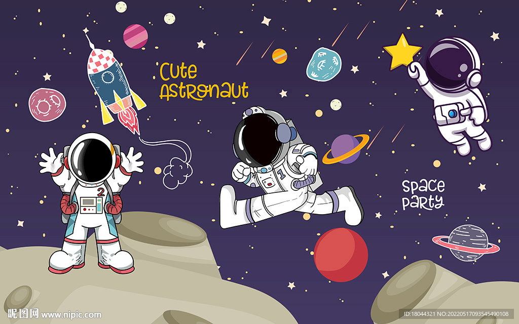 卡通星空可爱太空人儿童房背景墙