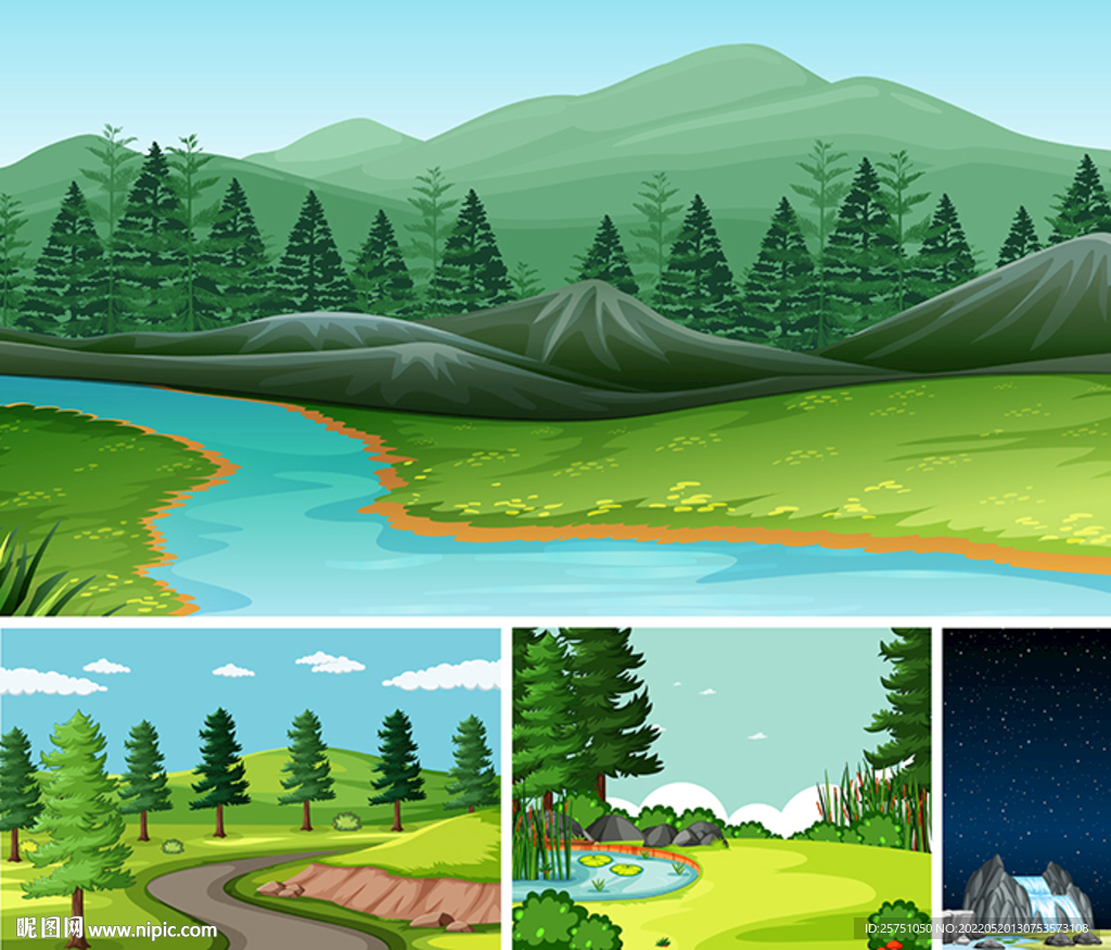手绘卡通自然风景四种不同场景
