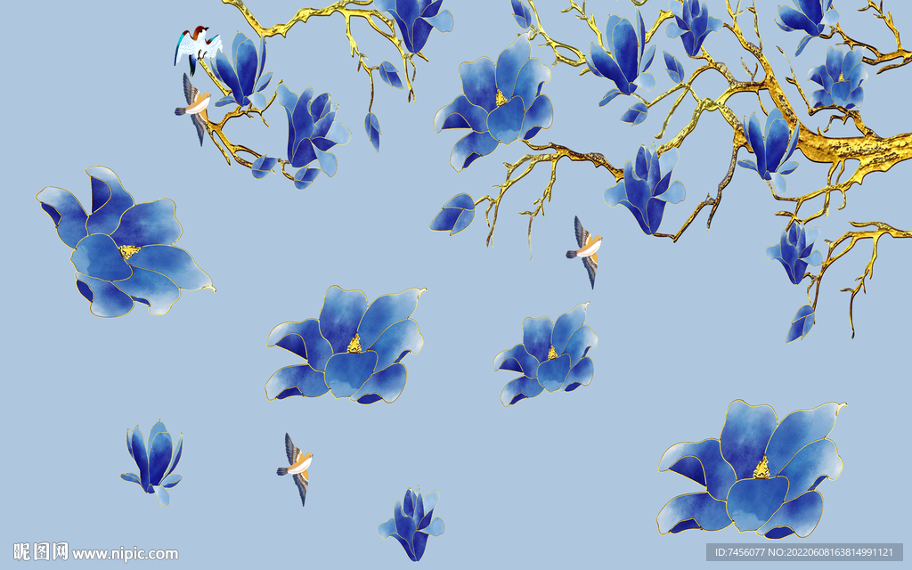 花鸟蓝色花卉树枝背景墙