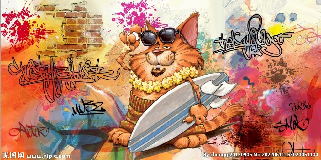 复古卡通猫街头涂鸦餐饮酒吧壁画