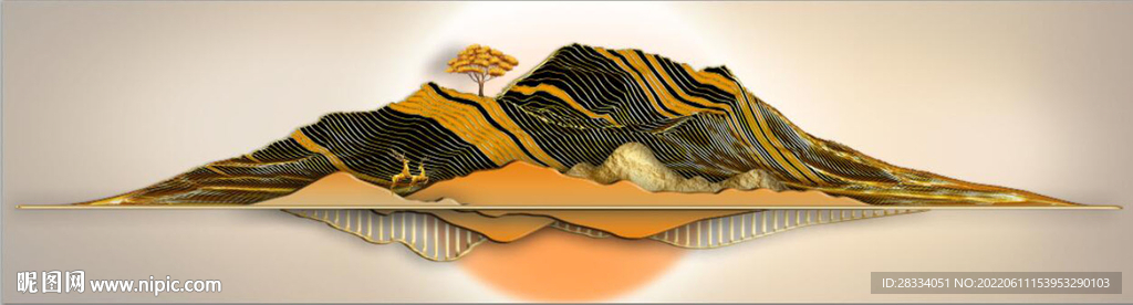 新中式抽象金色麋鹿山水床头画