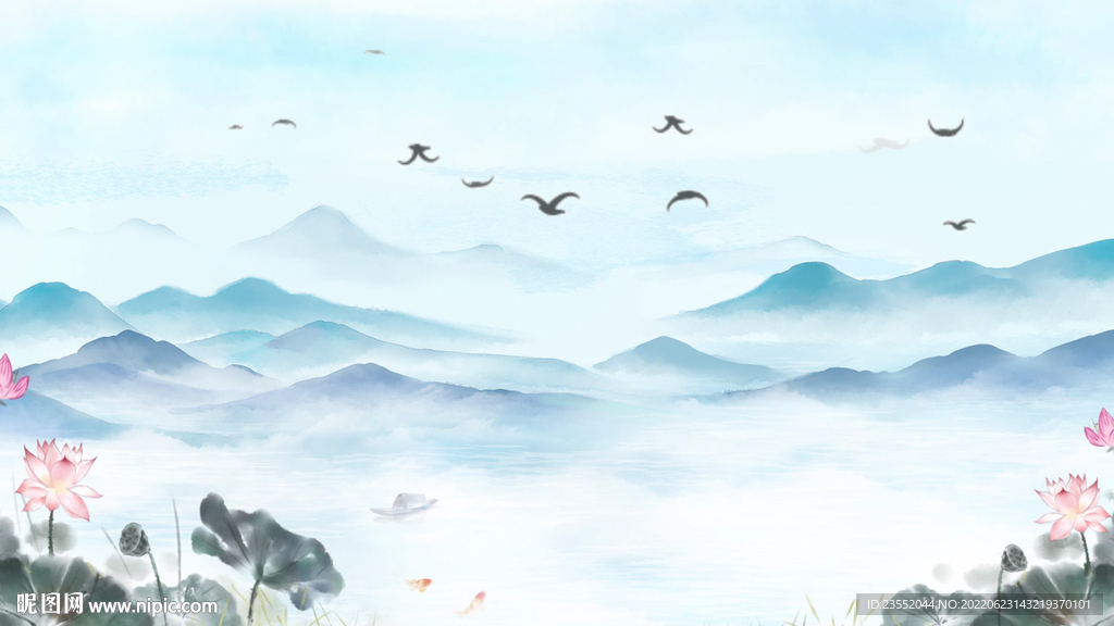 水墨風(fēng)山水仙境荷花視頻背景