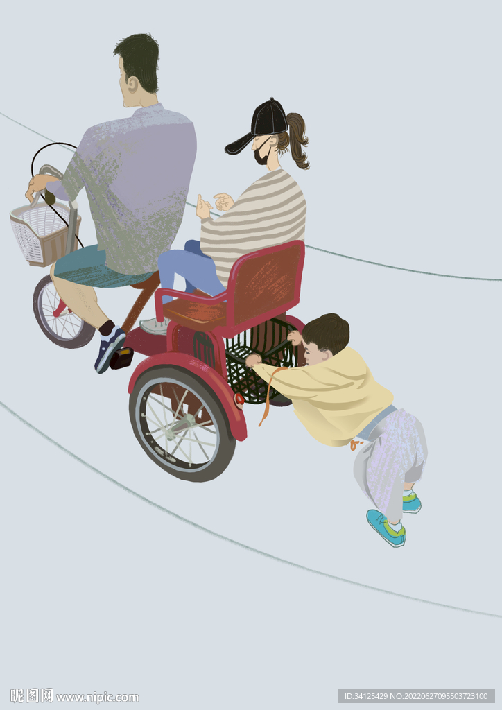 騎三輪車的一家人