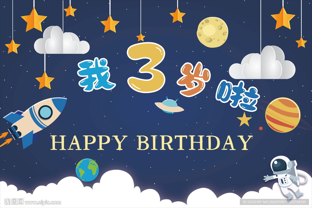 卡通太空人兒童生日背景板圖片