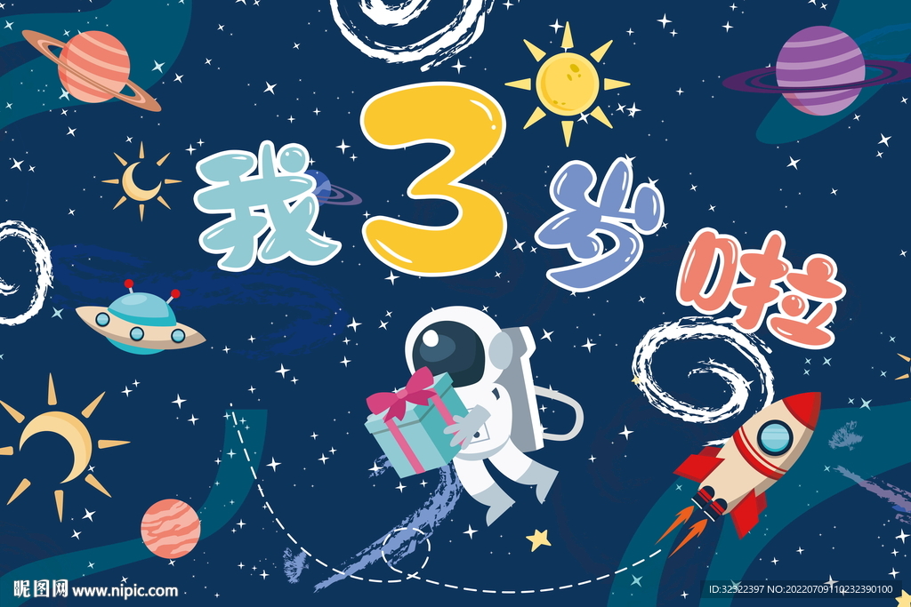 卡通太空人兒童生日背景板PSD