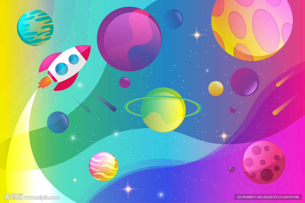 卡通火箭手绘彩色银河系星球背景