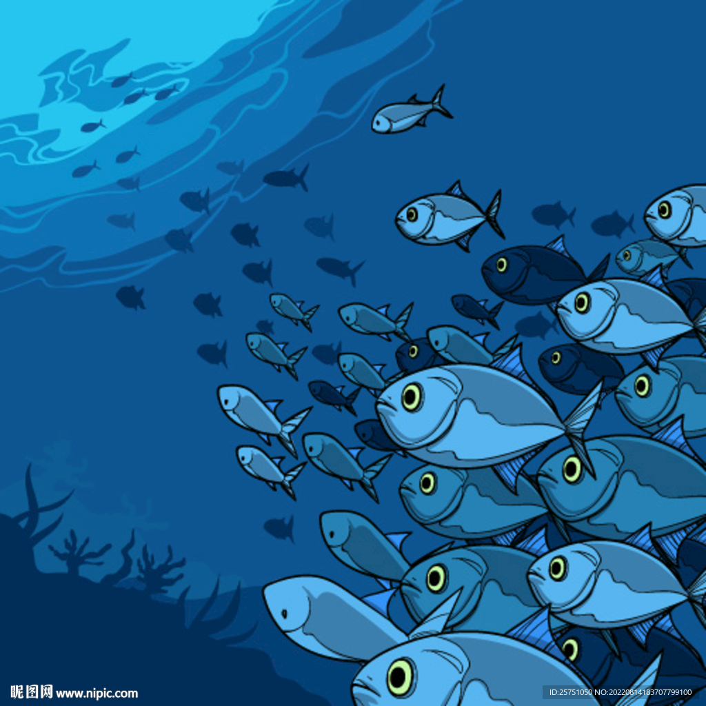 手绘深海鱼群卡通海报