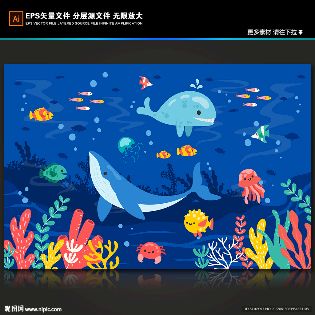 蓝色卡通海底世界手绘海豚背景墙