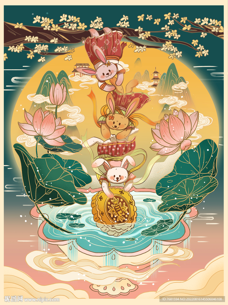 中秋節(jié)玉兔撈月餅國(guó)潮插畫