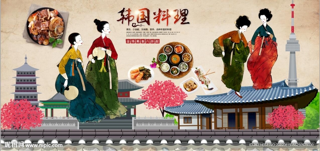 韩国料理餐饮背景墙壁画