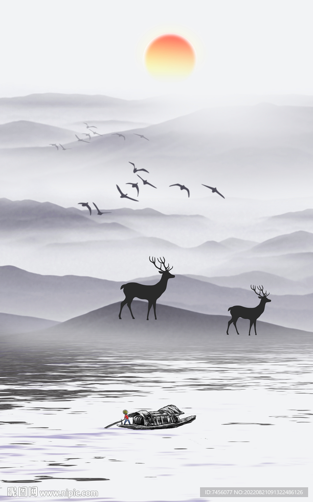 水墨湖泊麋鹿艺术挂画装饰画