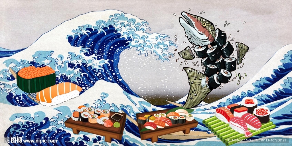 日式海浪寿司料理背景
